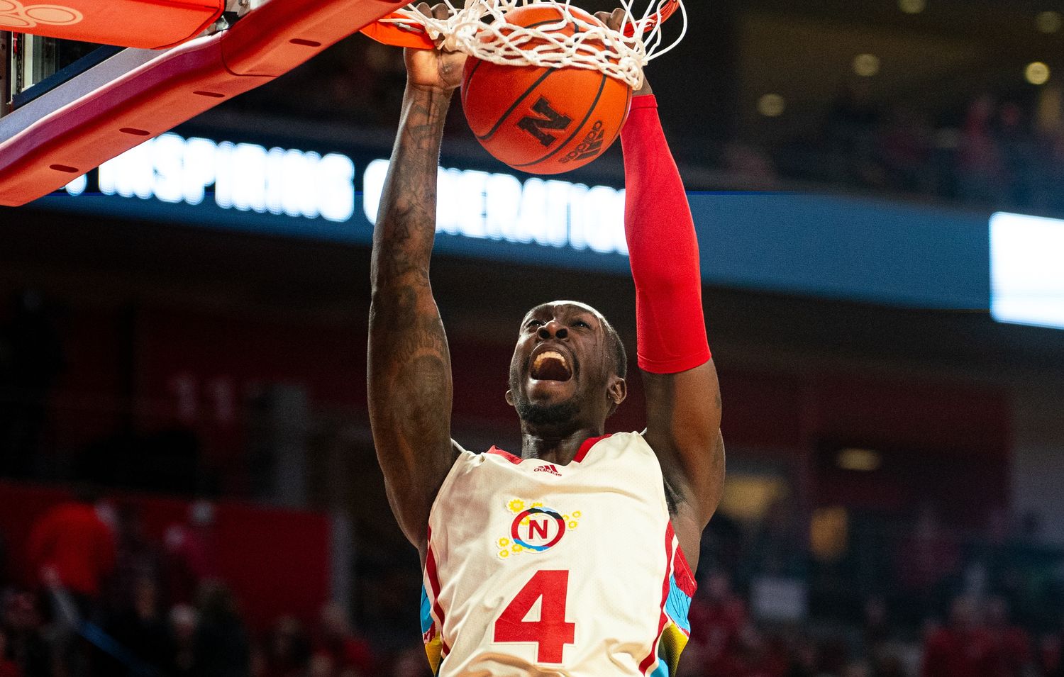 Feb 10, 2024; Lincoln, Nebraska, USA; Nebraska Cornhuskers forward Juwan Gary (4) dunks the ball against the Michigan Wolverines during the first half at Pinnacle Bank Arena.